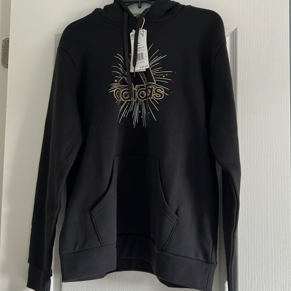 Adidas Women’s holiday hoodie size large silver gold & black soft pullover
